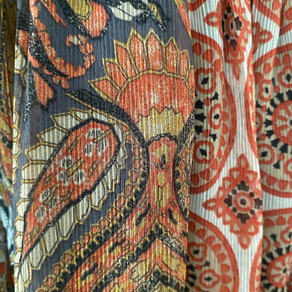 Zara Boho Patchwork Midi Dress Sheer Long Sleeve Smocked Waist Paisley M - Picture 4 of 11